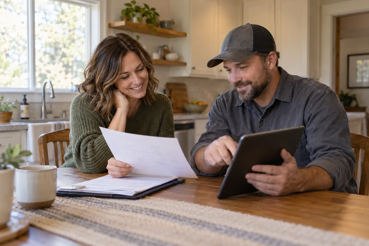 A homeowner reviewing a written roof quote with a local provider in the Waconia area