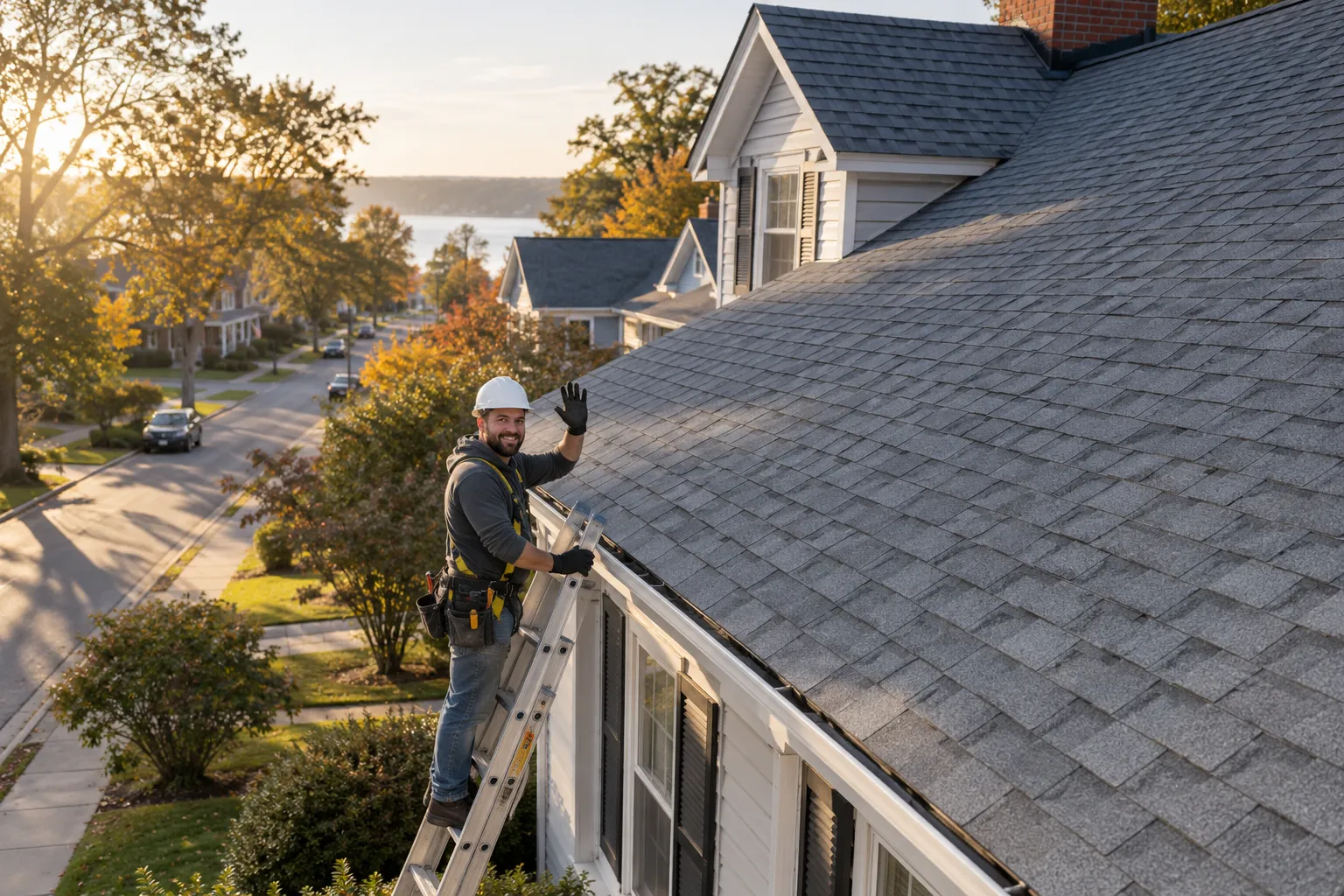 A newly finished shingle roof on a frame house in Waconia under a clear sky